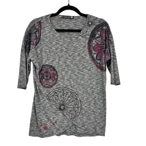 Desigual Grey Lagenlook Short Sleeve Sweater Womens S Artsy Casual